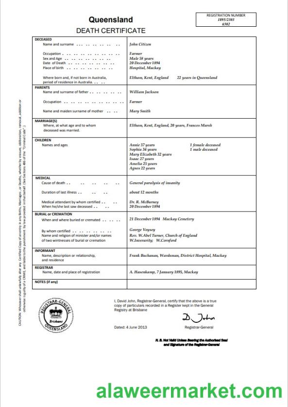 Australia Queensland death certificate template in Word